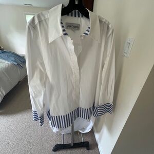 Sara Campbell Blouse with Blue and White Stripe Trim - Size L -  Never worn